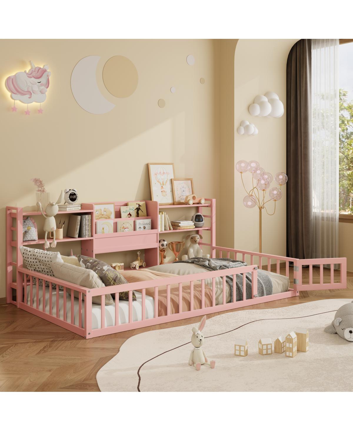 Streamdale Furniture Twin Size Floor Fence Bed Frame with Bookcase and 3-Tier Storage Shelves
