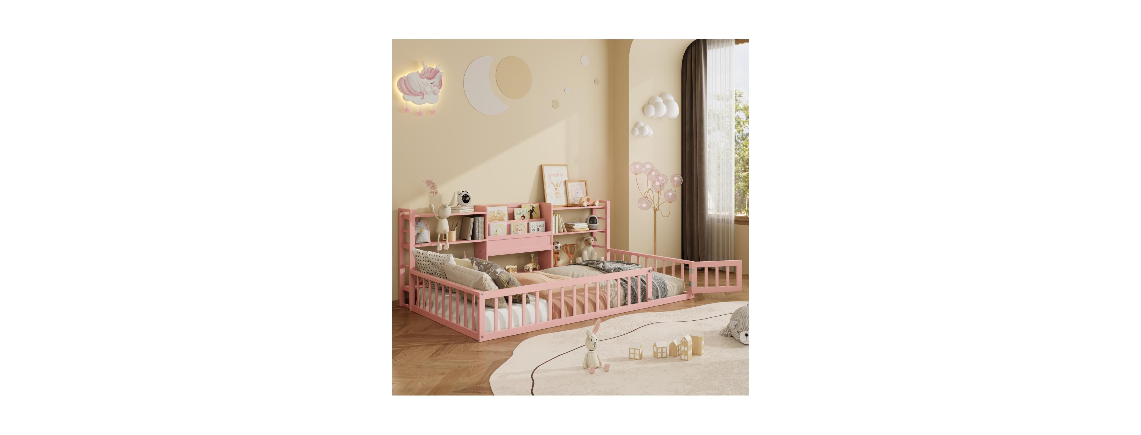 Streamdale Furniture Twin Size Floor Fence Bed Frame with Bookcase and 3-Tier Storage Shelves