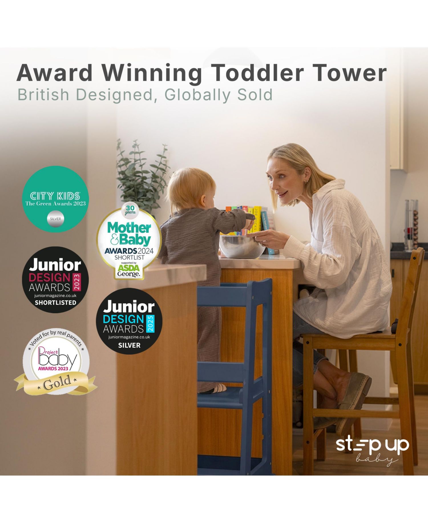 Toddler Tower Adjustable Height Wooden Step Stool for Kids Toddler Standing Tower and Child-safe Knife, Chopping Board for 18M-4Y