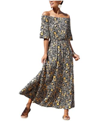 Women's Viscose Floral Print Off Shoulder A-Line Maxi Dress
