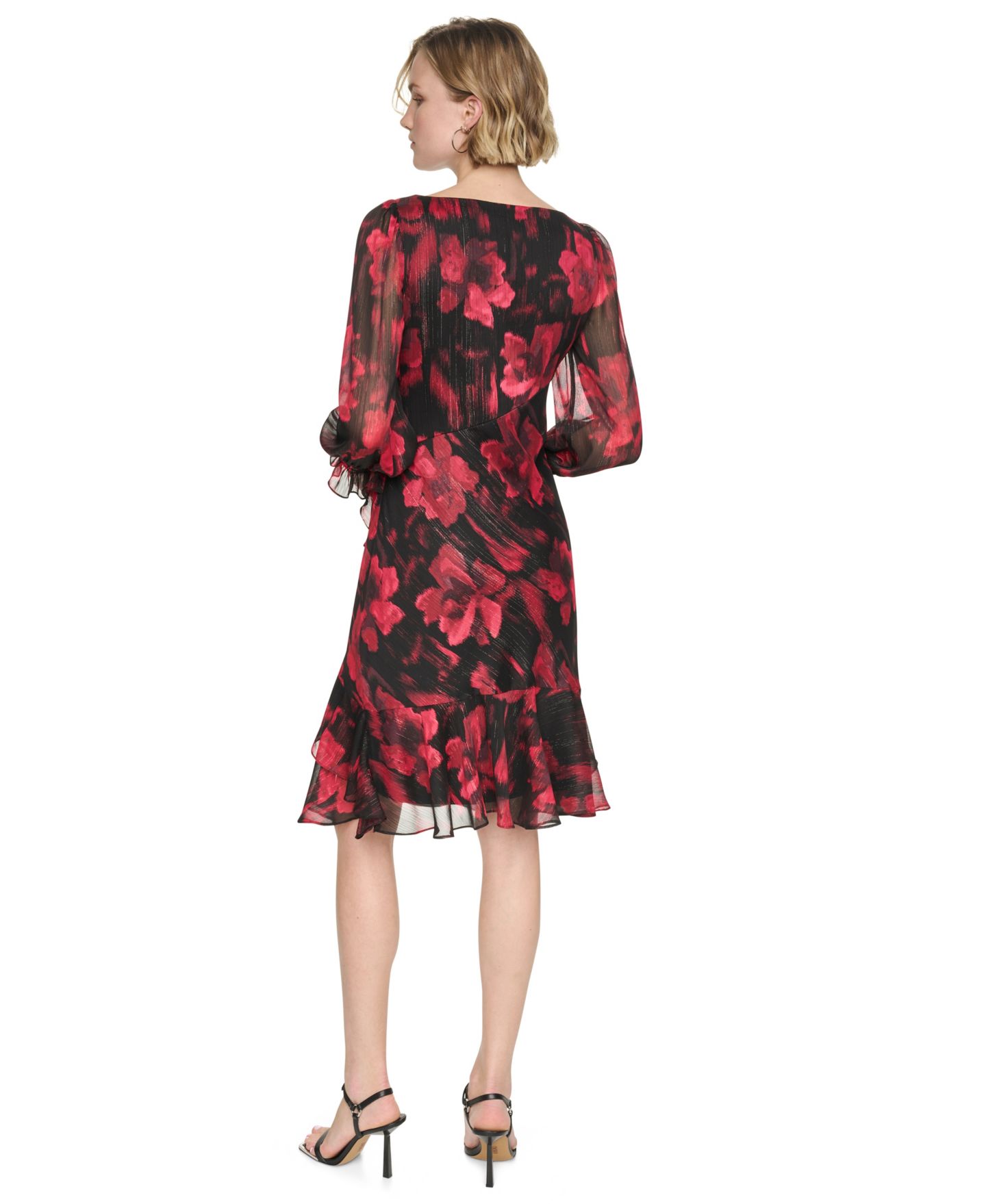 Женское платье DKNY Petite Boat-Neck Long-Sleeve Floral-Print, цвет: Малиновый — фото 6