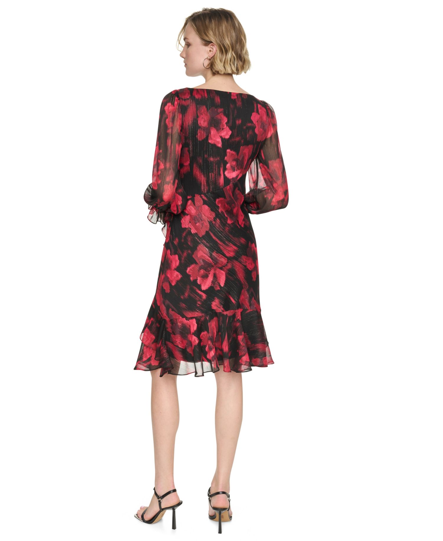 Petite Boat-Neck Long-Sleeve Floral-Print Dress