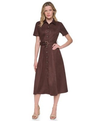 Petite Faux Suede Short-Sleeve Midi Shirt Dress