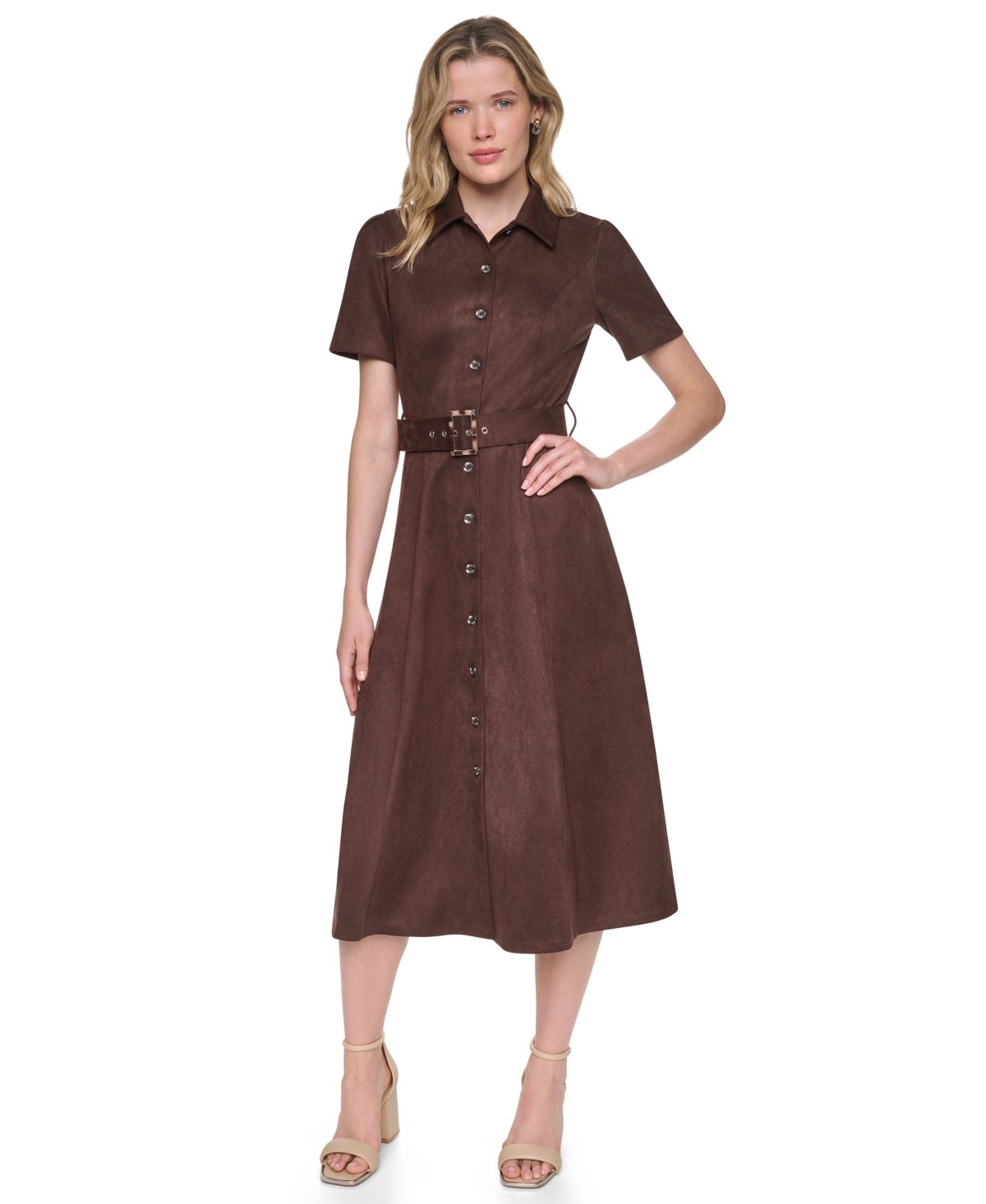 Dkny Petite Faux Suede Short-Sleeve Midi Shirt Dress
