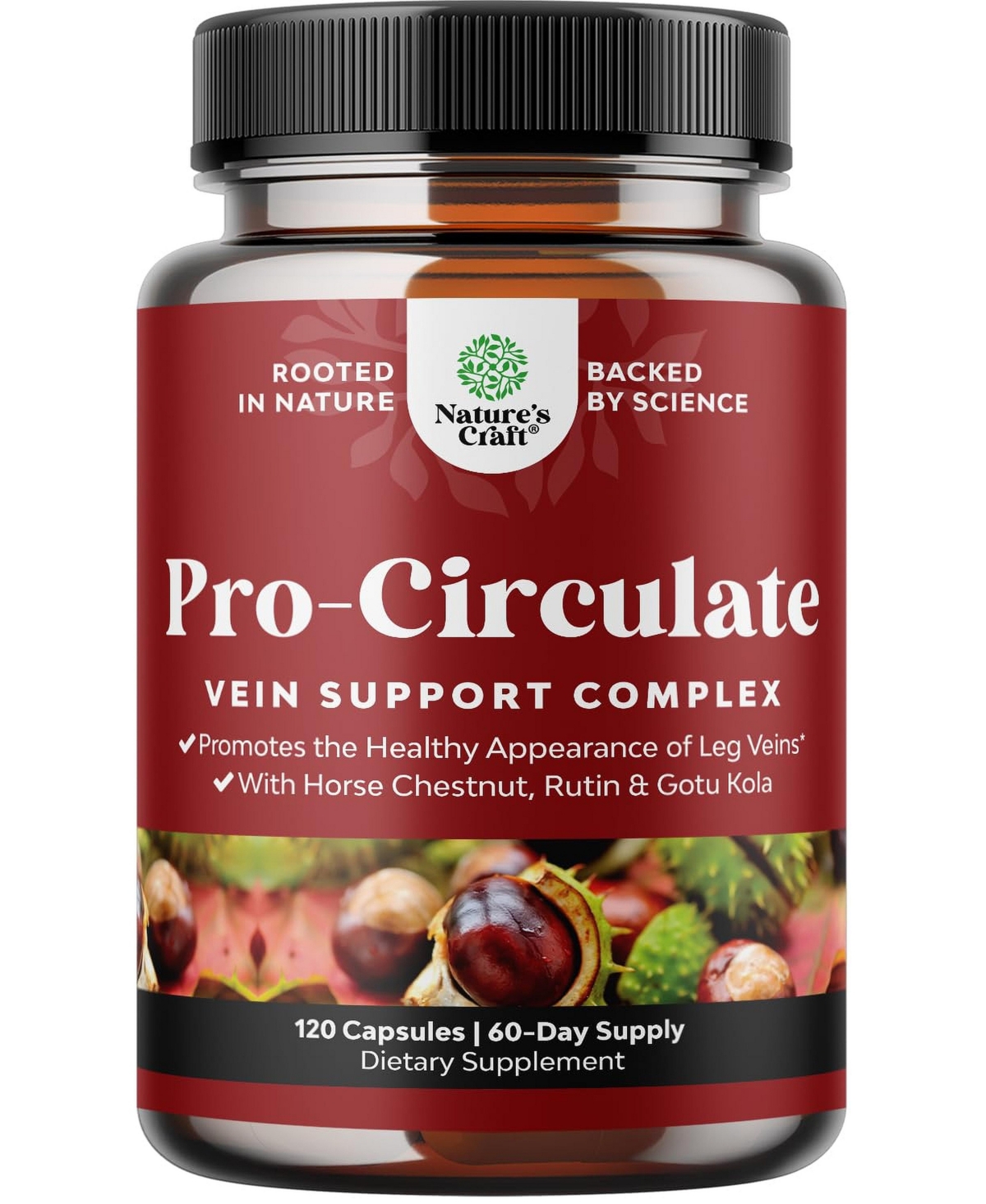 Nature's Craft Horse Chestnut Vein Support Supplement with Vitamin E, Gotu Kola, Rutin and Grapeseed | 120 Count