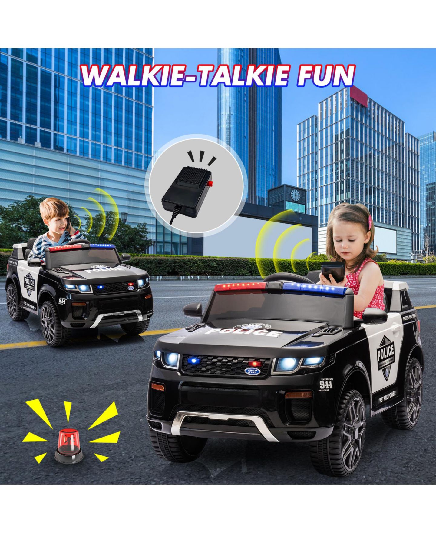 Детская игрушка homfan 12V Ride-On Police Car with Remote Control and LED Lights, от 3 лет, цвет: Чёрный — фото 6