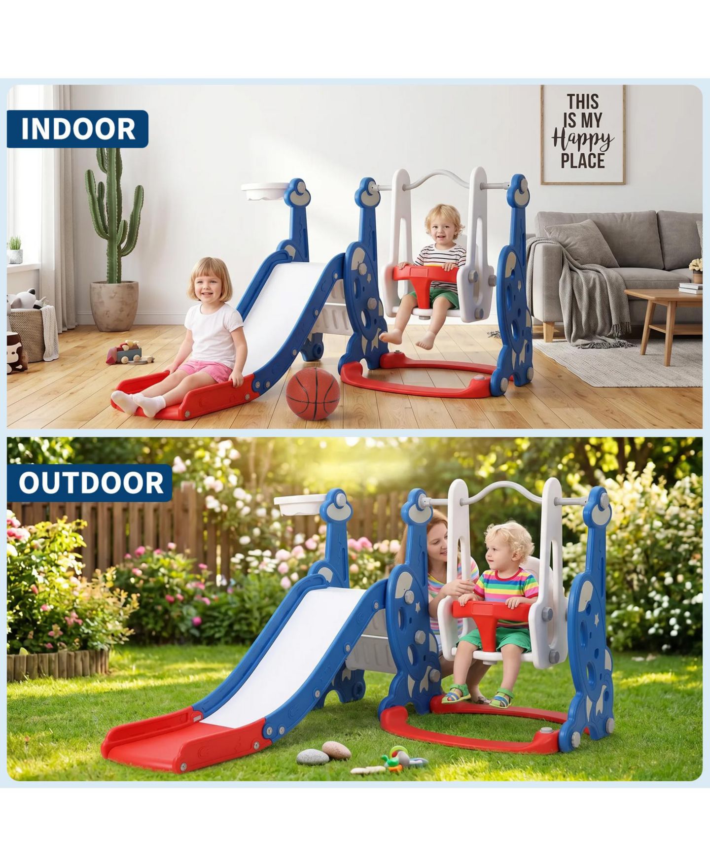 Детский игровой набор homfan Multi-Function Indoor Slide and Swing Play Set with Basketball Hoop, Ages 1+, цвет: Синий — фото 5