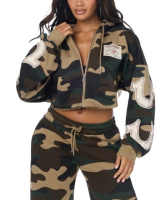 Women's Camo Velour Shrunken Full-Zip Cropped Hoodie