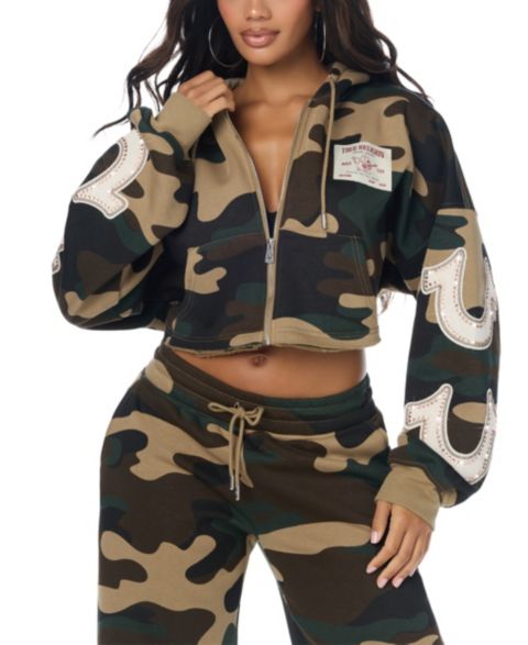 Женское худи True Religion Camo Velour Shrunken Full-Zip Cropped, цвет: Камуфляжный
