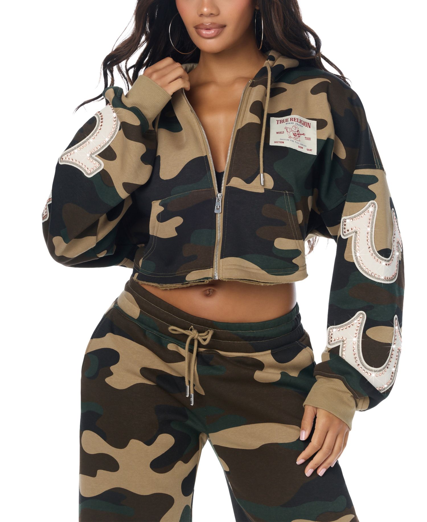 Women's Camo Velour Shrunken Full-Zip Cropped Hoodie
