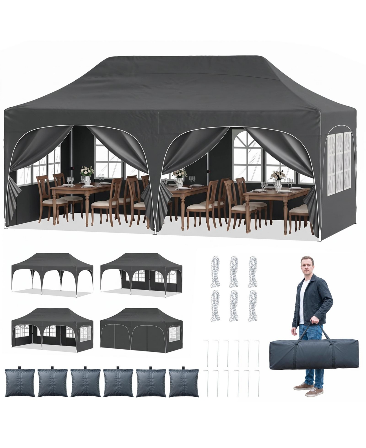 Gymax 10 x 20 ft Pop Up Canopy Tent with 6 Removable Sidewalls Adjustable Height Bag
