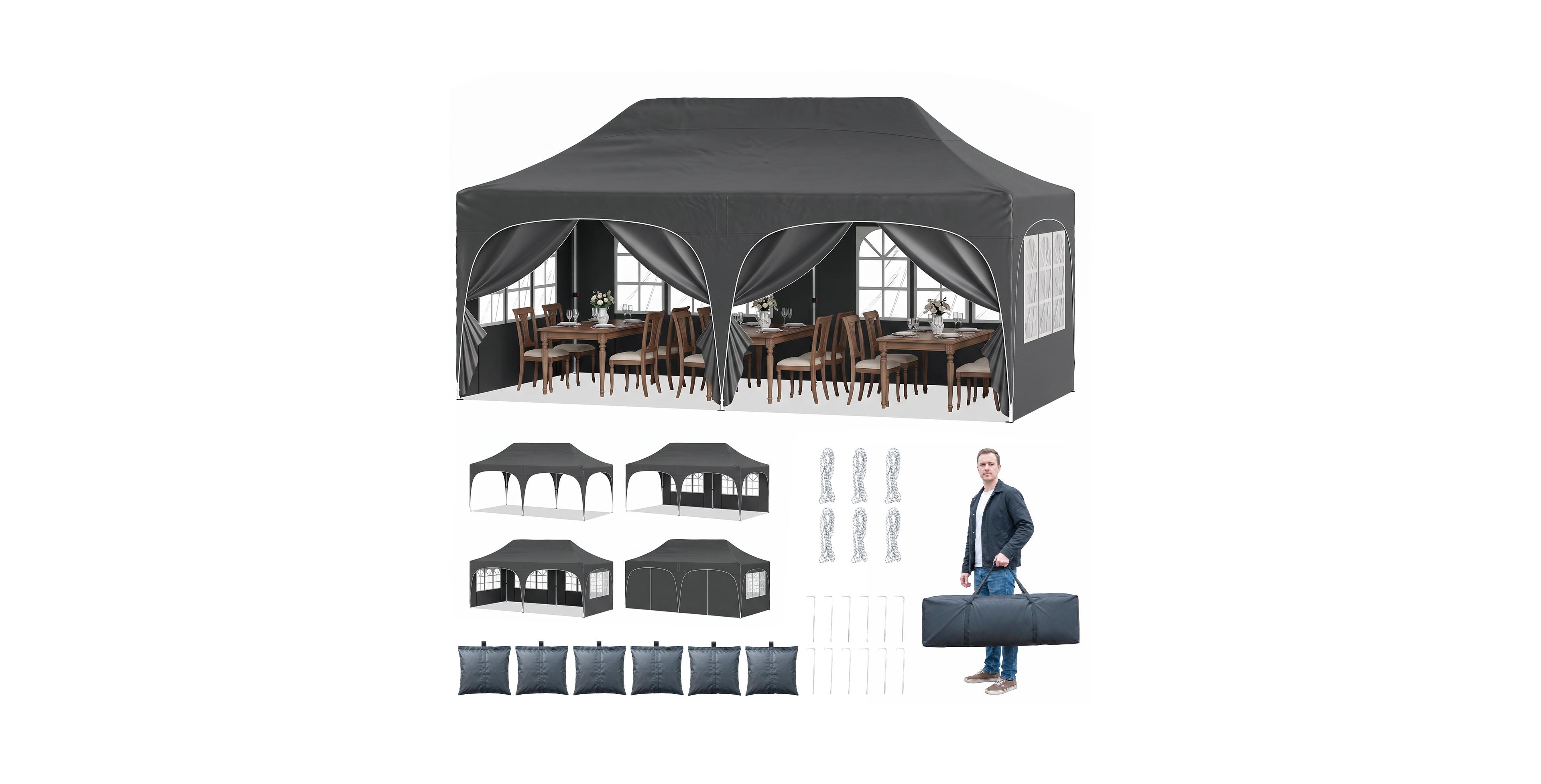 Gymax 10 x 20 ft Pop Up Canopy Tent with 6 Removable Sidewalls Adjustable Height Bag