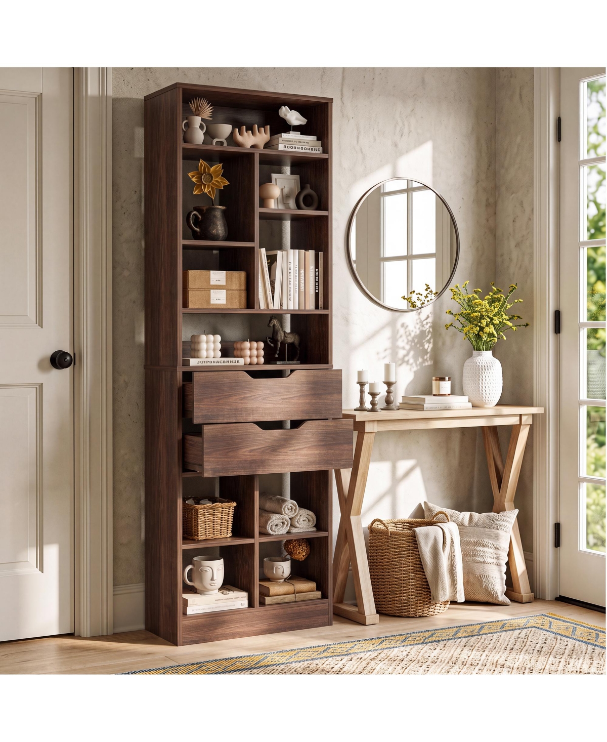 Aheaplus 9 Tier Storage Narrow Bookshelf with 2 Drawers for Display - Black walnut