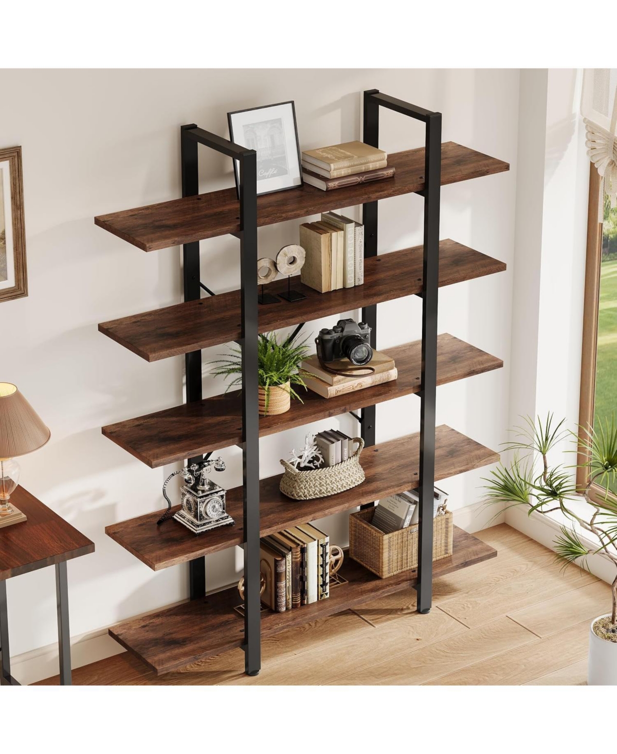 Tribesigns 5-Tier Bookshelf, Industrial Bookcase, Vintage Tall Book Rack - Brown and black