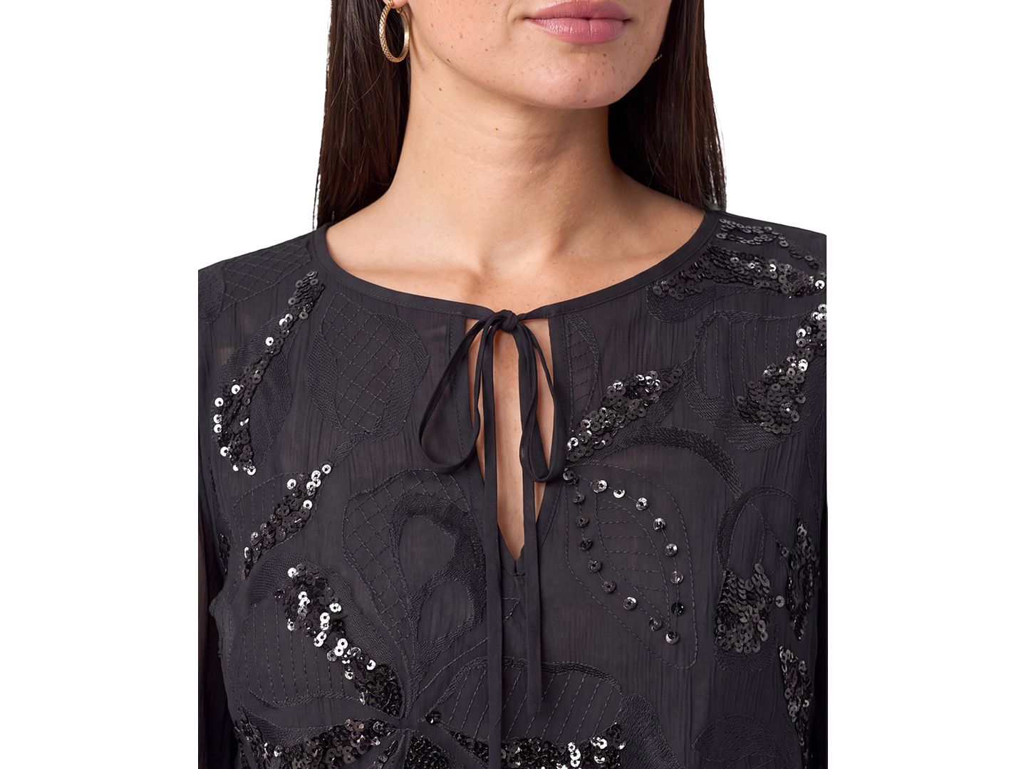 Женская блузка Liverpool Los Angeles Floral-Embroidered Tie-Front, цвет: Чёрный — фото 2