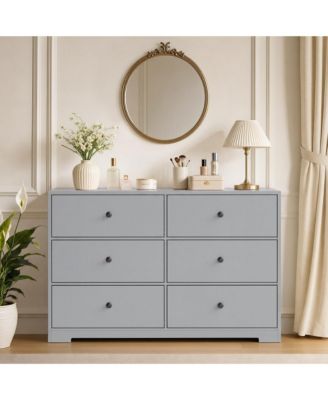 6-Drawer Storage Dresser Linen Texture 53.5 Inch Wide PB Board Chest Organizer for Bedroom Living Room Entryway