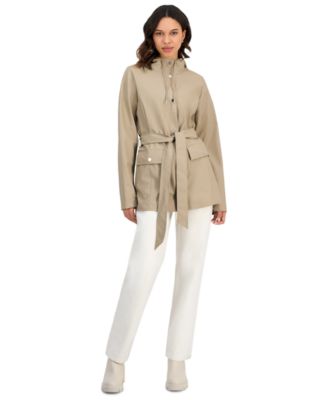 Women's Tie-Waist Snap-Front Hooded Rain Coat
