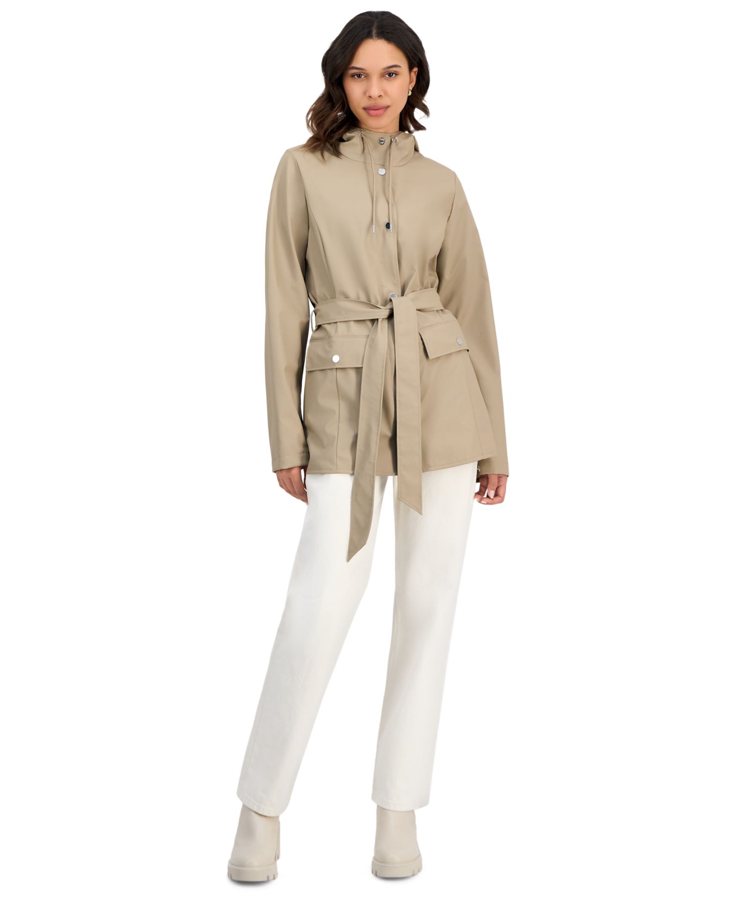 Women's Tie-Waist Snap-Front Hooded Rain Coat