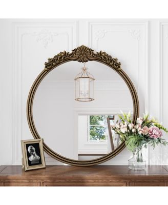 31.5" Round Vintage Decorative Accent Mirror with Ornate Relief Crest