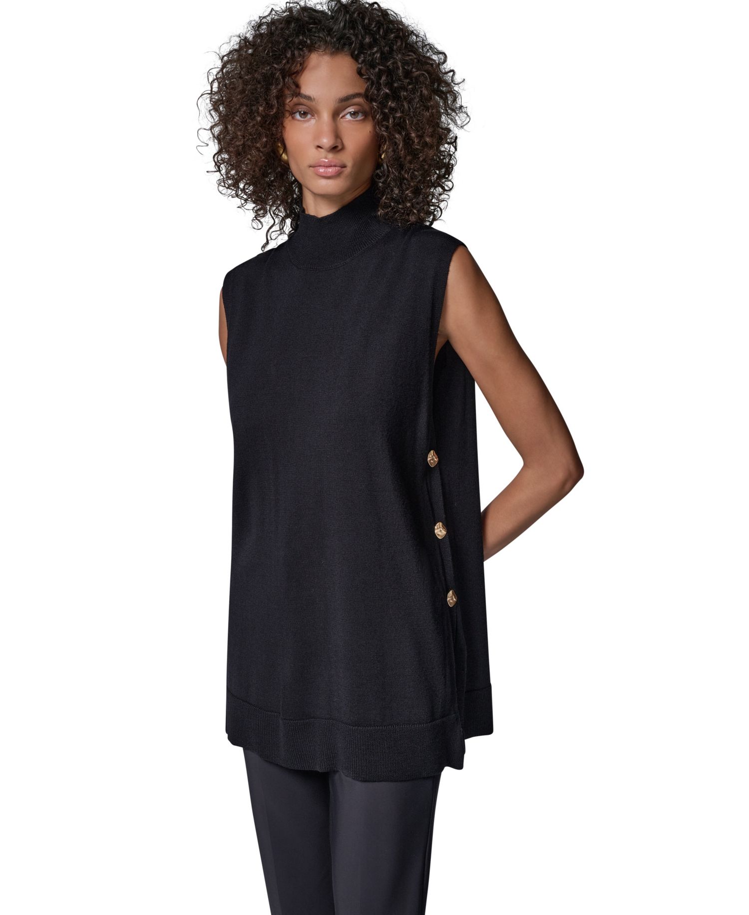 Women's Merino Wool Mock Neck Sleeveless Tunic Sweater