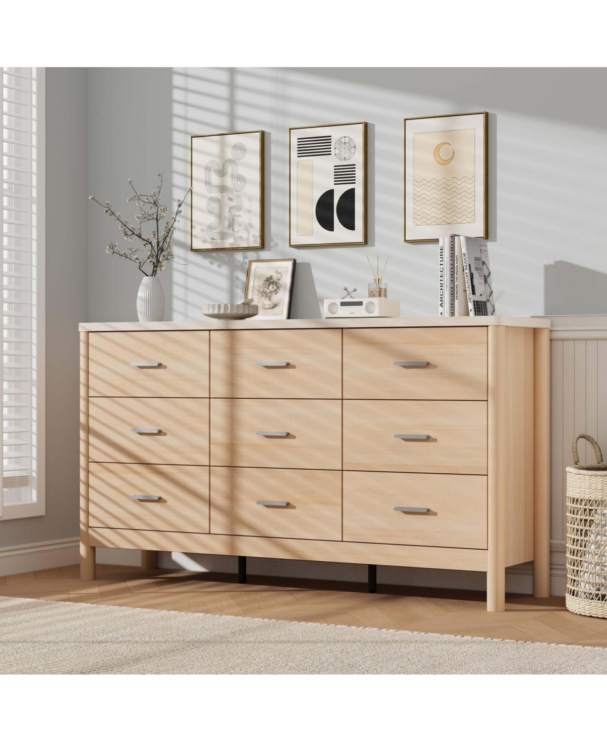 homfan 9 Drawer Wooden Dresser Chest with Metal Handles Anti-Tip Cylindrical Legs Storage Organizer for Bedroom Living Room 58 Inch
