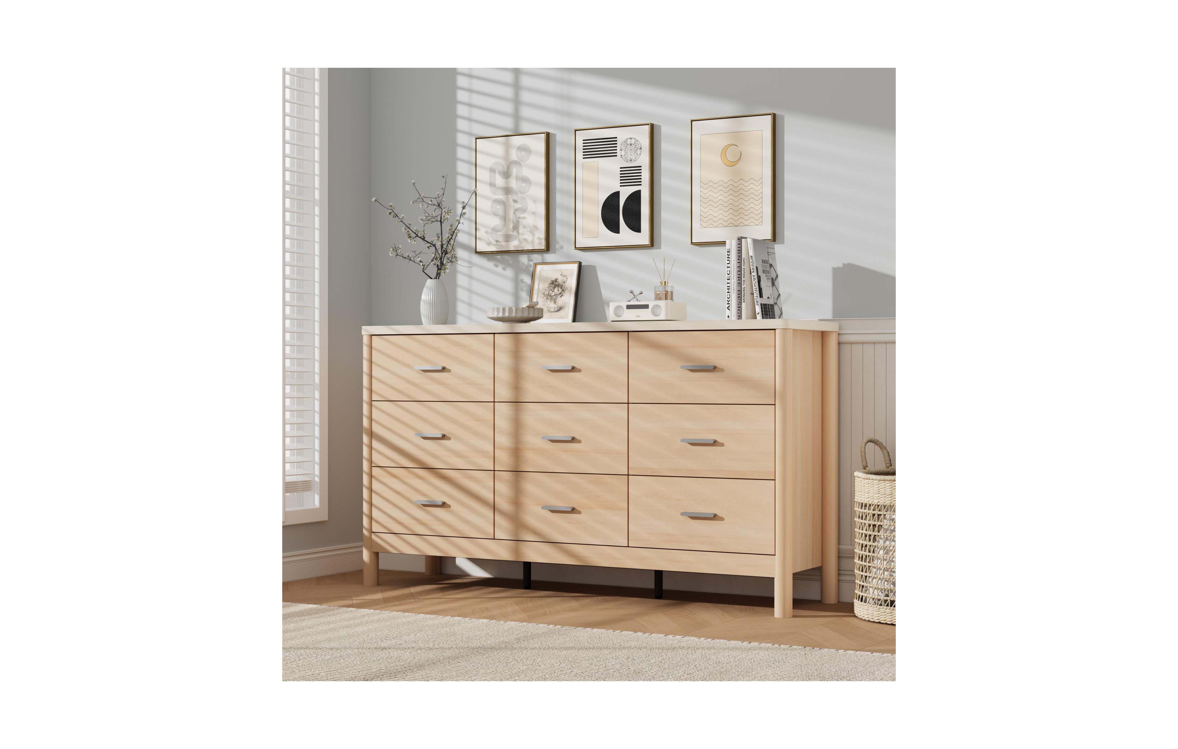 homfan 9 Drawer Wooden Dresser Chest with Metal Handles Anti-Tip Cylindrical Legs Storage Organizer for Bedroom Living Room 58 Inch