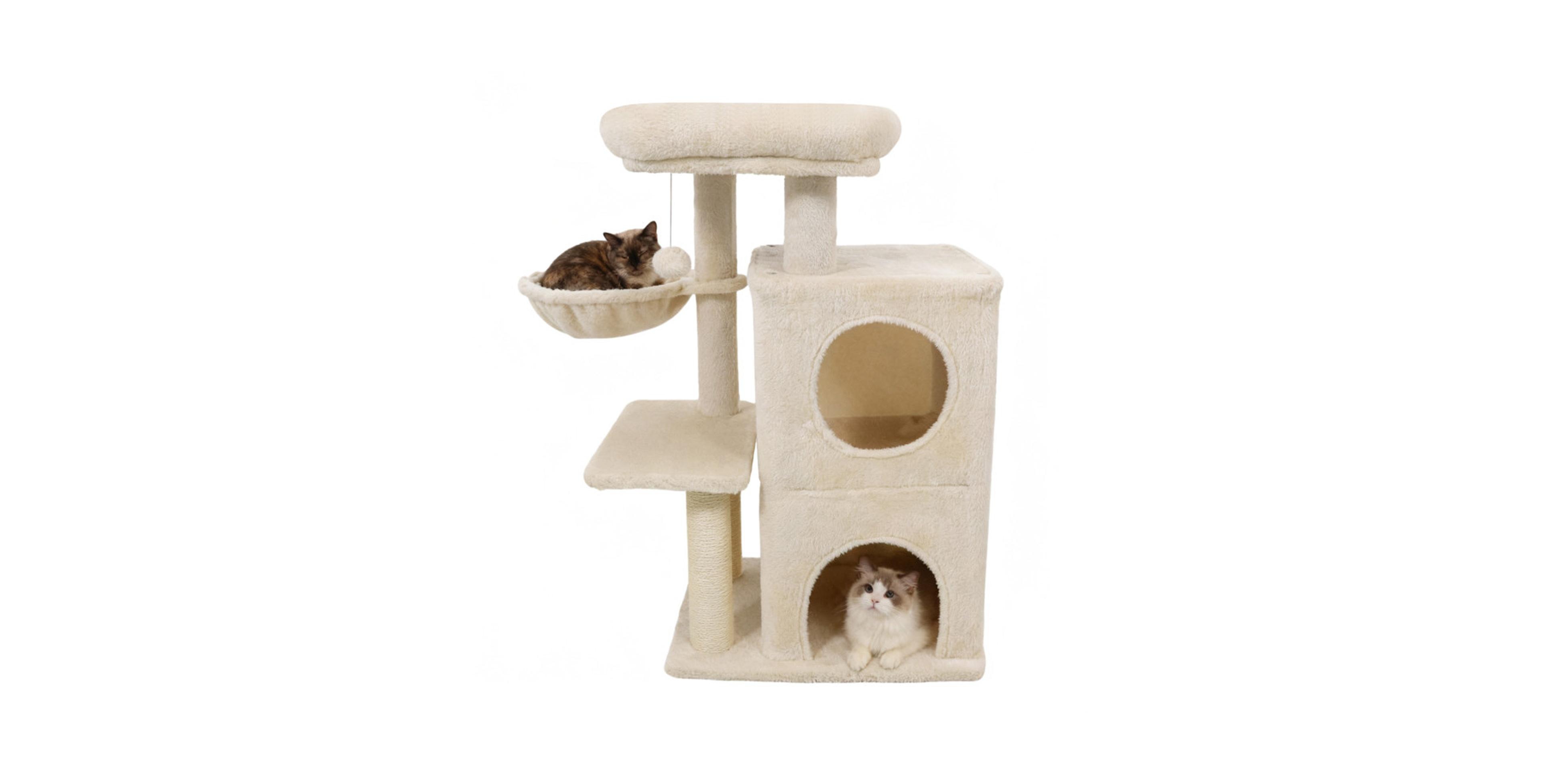 Sugift 33.5 Inch Kitten Tower with 2-Tier Condo 3 Entry Holes Rotating Basket and Padded Perch