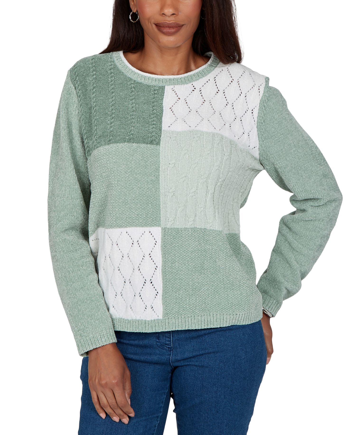 Women's Sweatr Cable-Knit Colorblock Crewneck Long-Sleeve Pullover