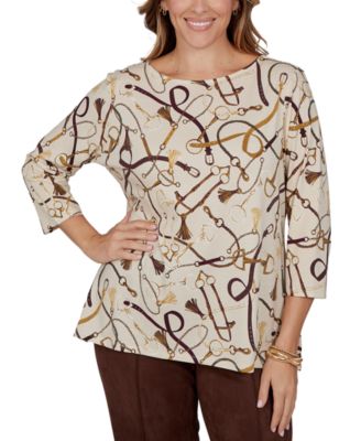 Plus Size Equestrian Boat Neck 3/4-Sleeve Top