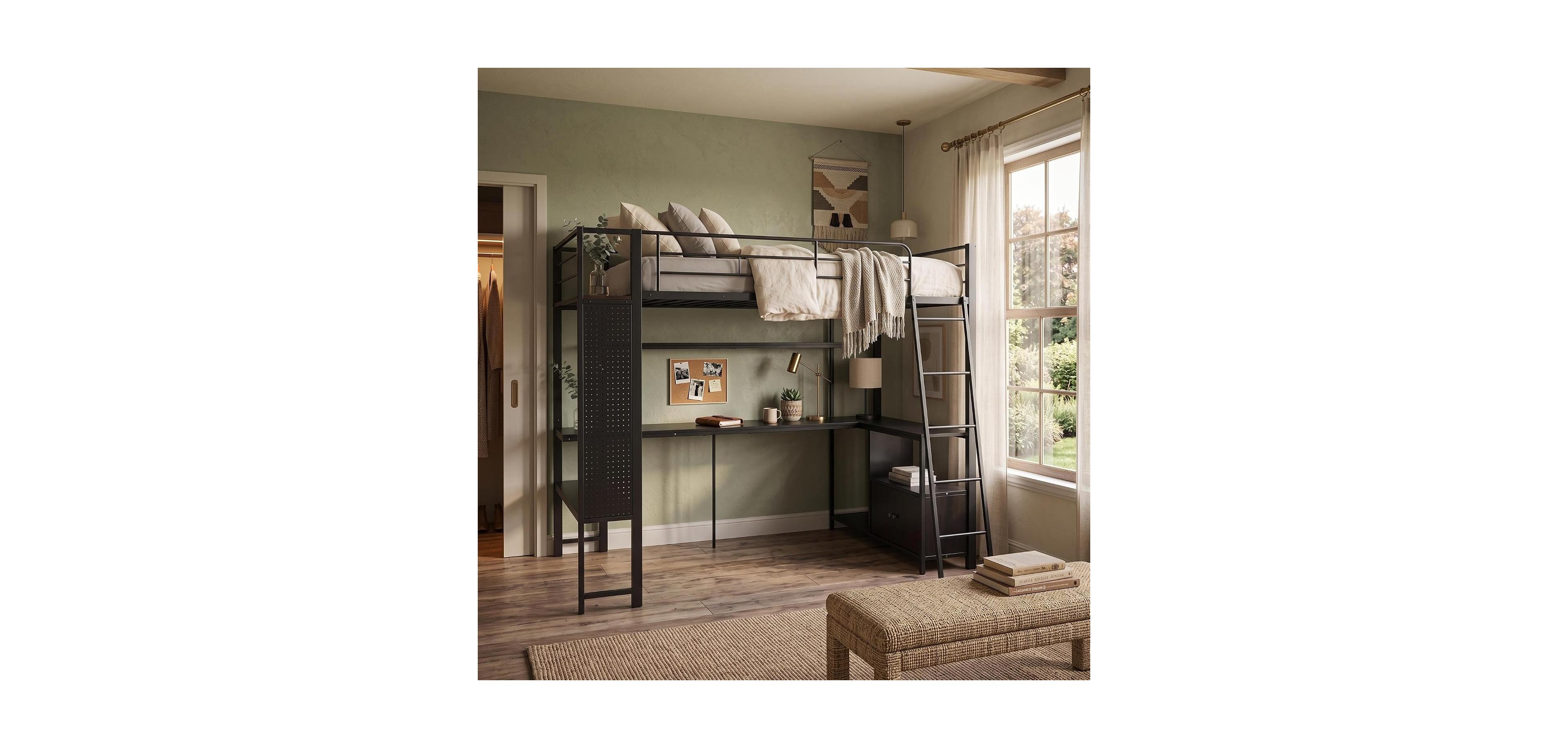 Full/Twin Metal Loft Bed with Desk, Storage Shelves and Charging Station