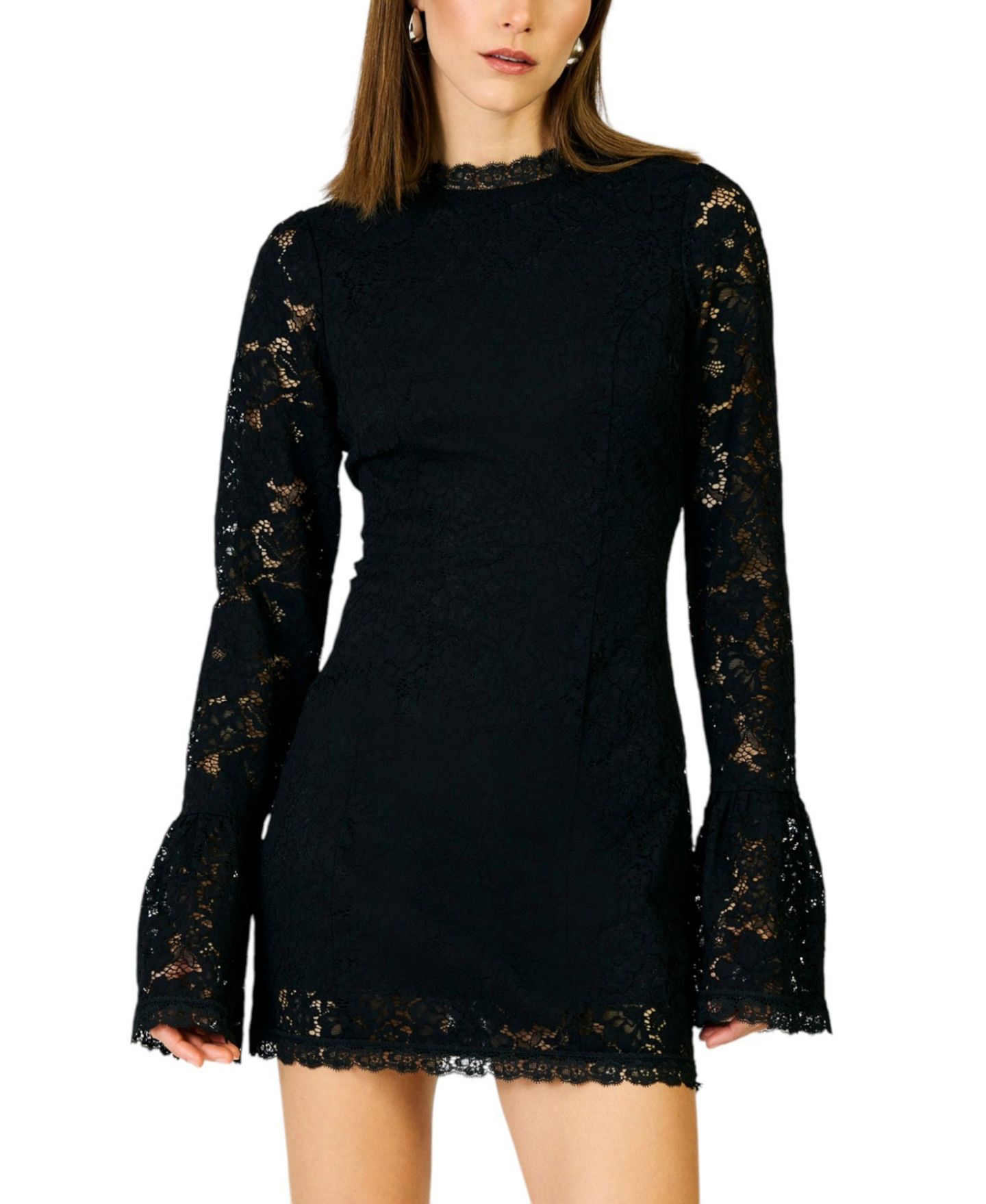 Женское платье Line & Dot Irina Long-Sleeve Lace High-Neck Mini, цвет: Чёрный — фото 1