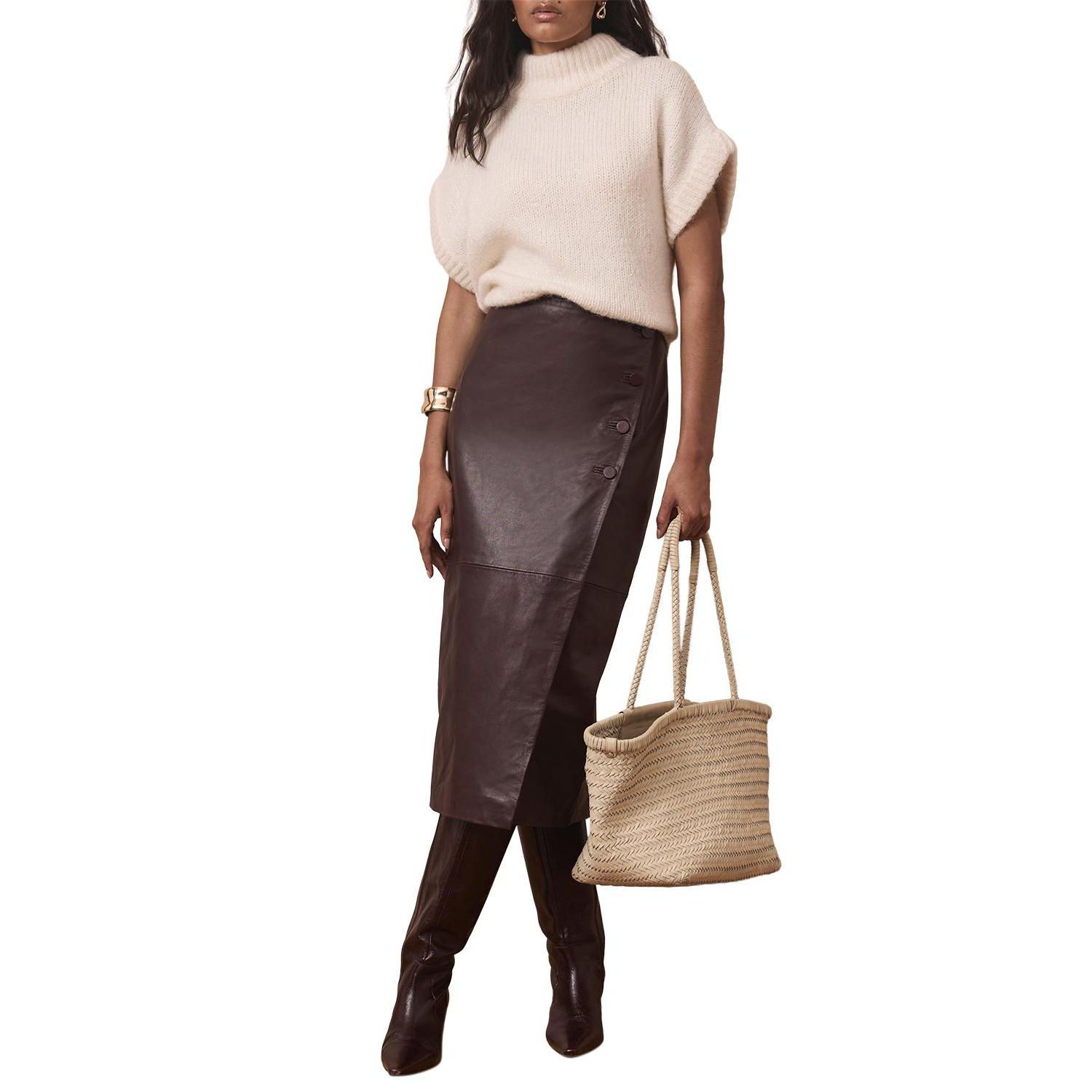 Women's Leather Wrap Midi Skirt