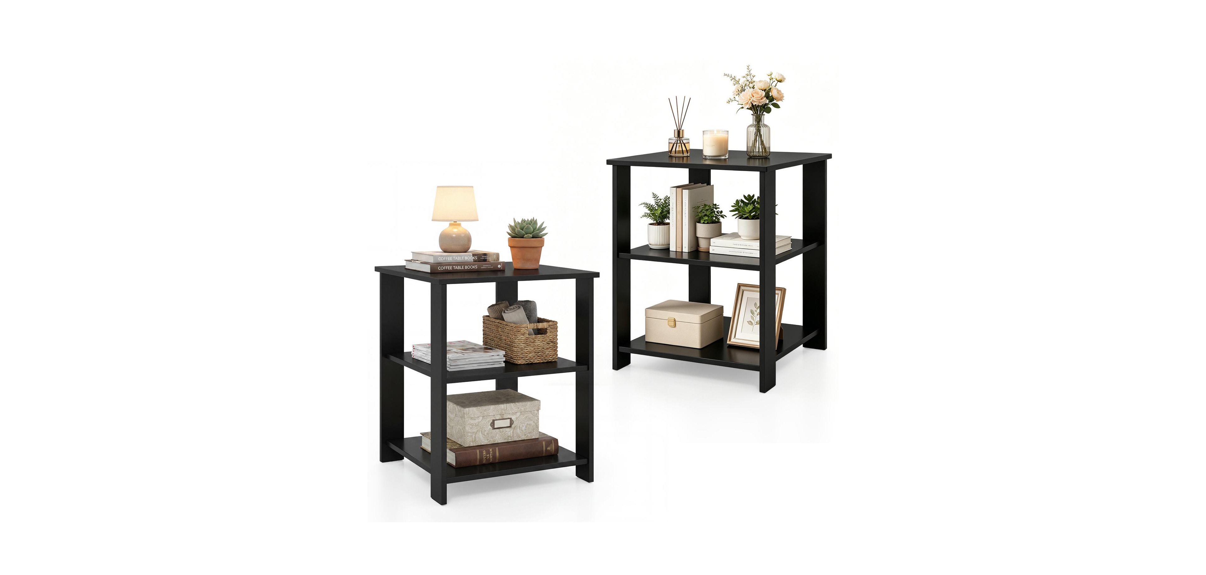 Mecale 3 Tier Modern Nightstand Square Side Table with Open Storage Shelves Set of 2
