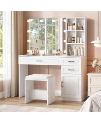 Vanity Desk Set with Lights and Mirror, Glass Top Vanity Table with 3 Lighting Modes