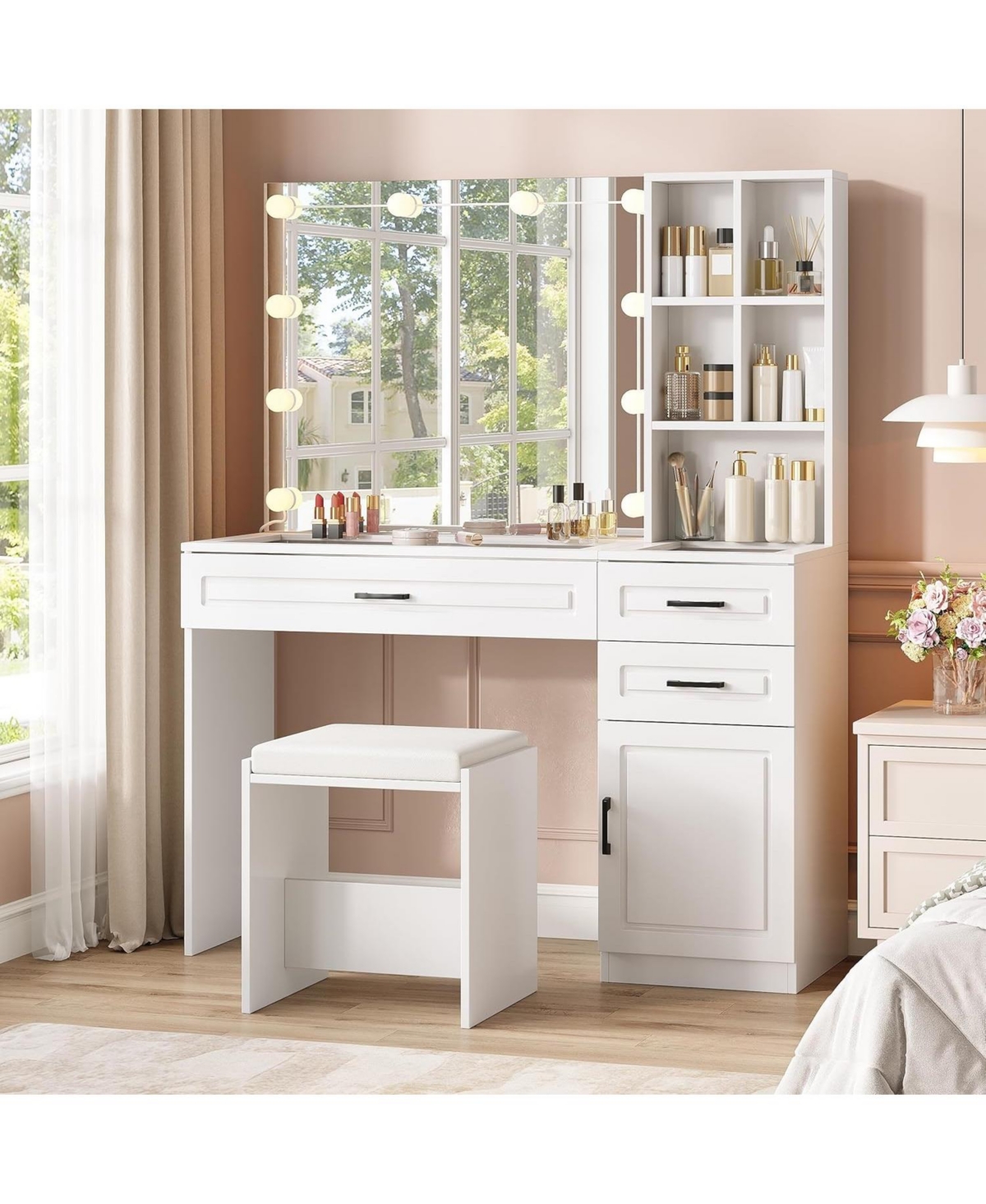 Vabches Vanity Desk Set with Lights and Mirror, Glass Top Vanity Table with 3 Lighting Modes
