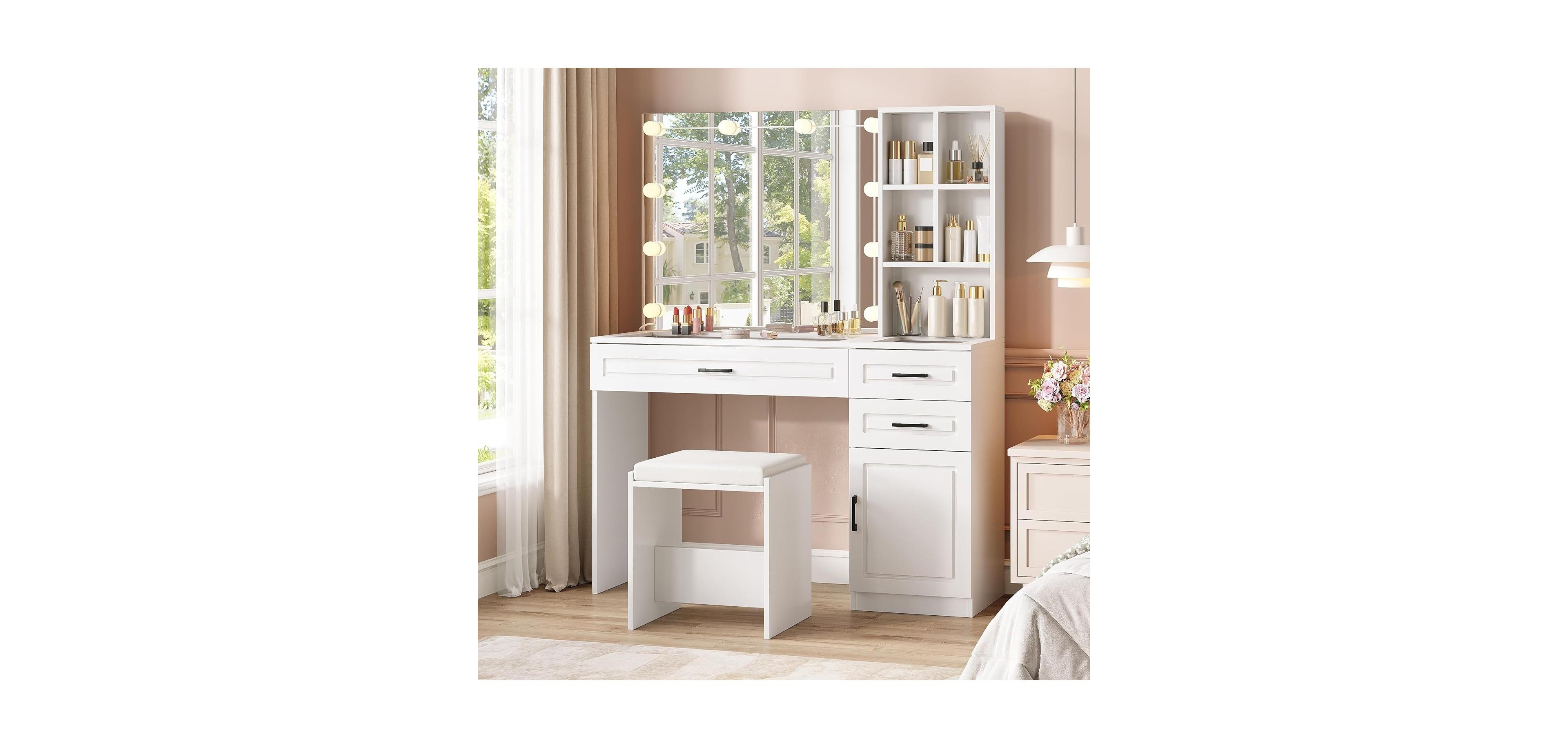 Vabches Vanity Desk Set with Lights and Mirror, Glass Top Vanity Table with 3 Lighting Modes