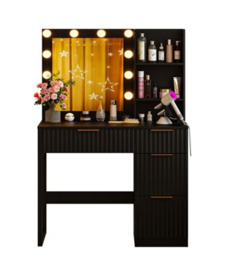 4-Drawer Vanity Table with 2 Storage Shelves, 10 Adjustable LED Lights