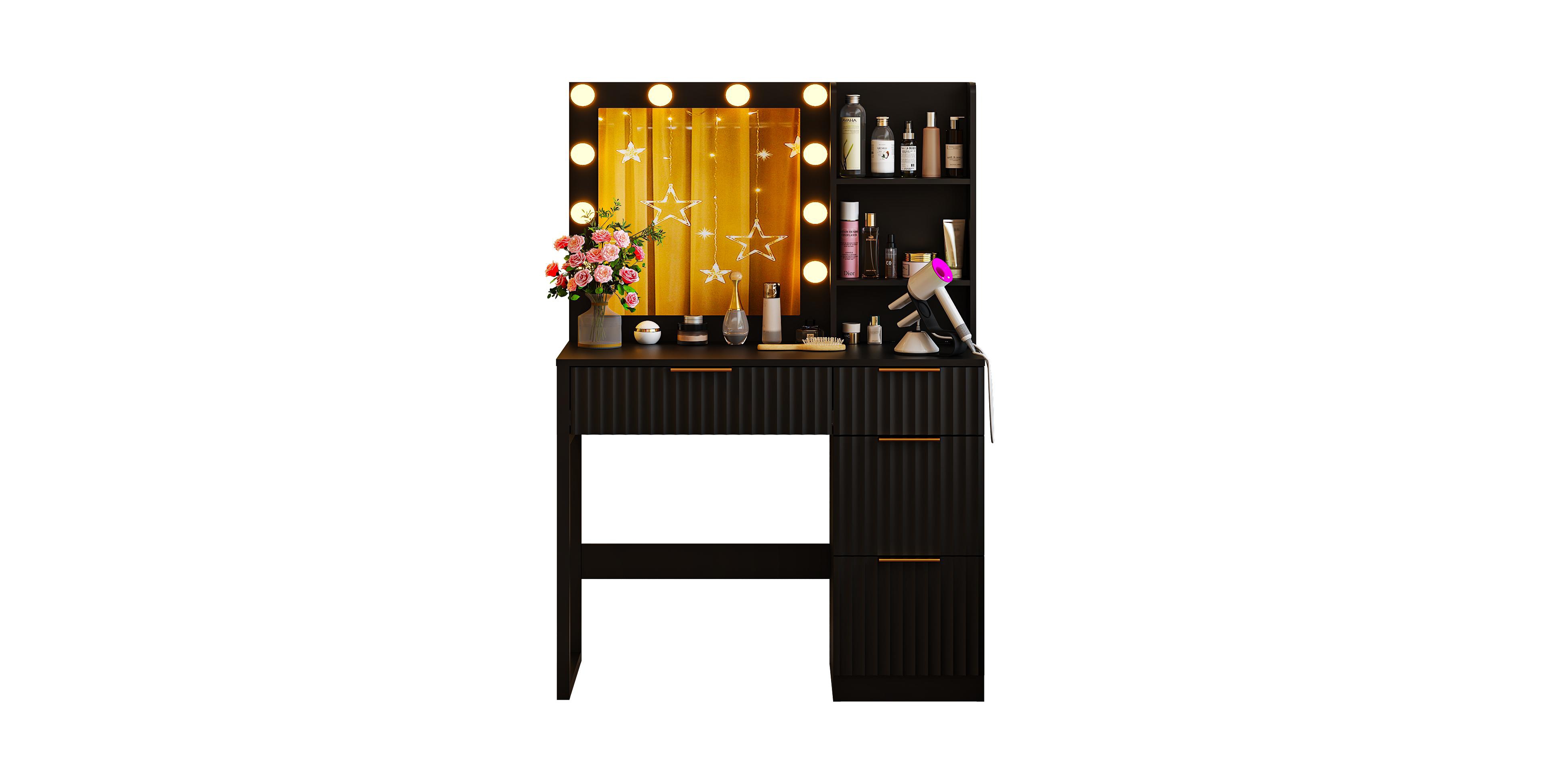 Slickblue 4-Drawer Vanity Table with 2 Storage Shelves, 10 Adjustable Led Lights