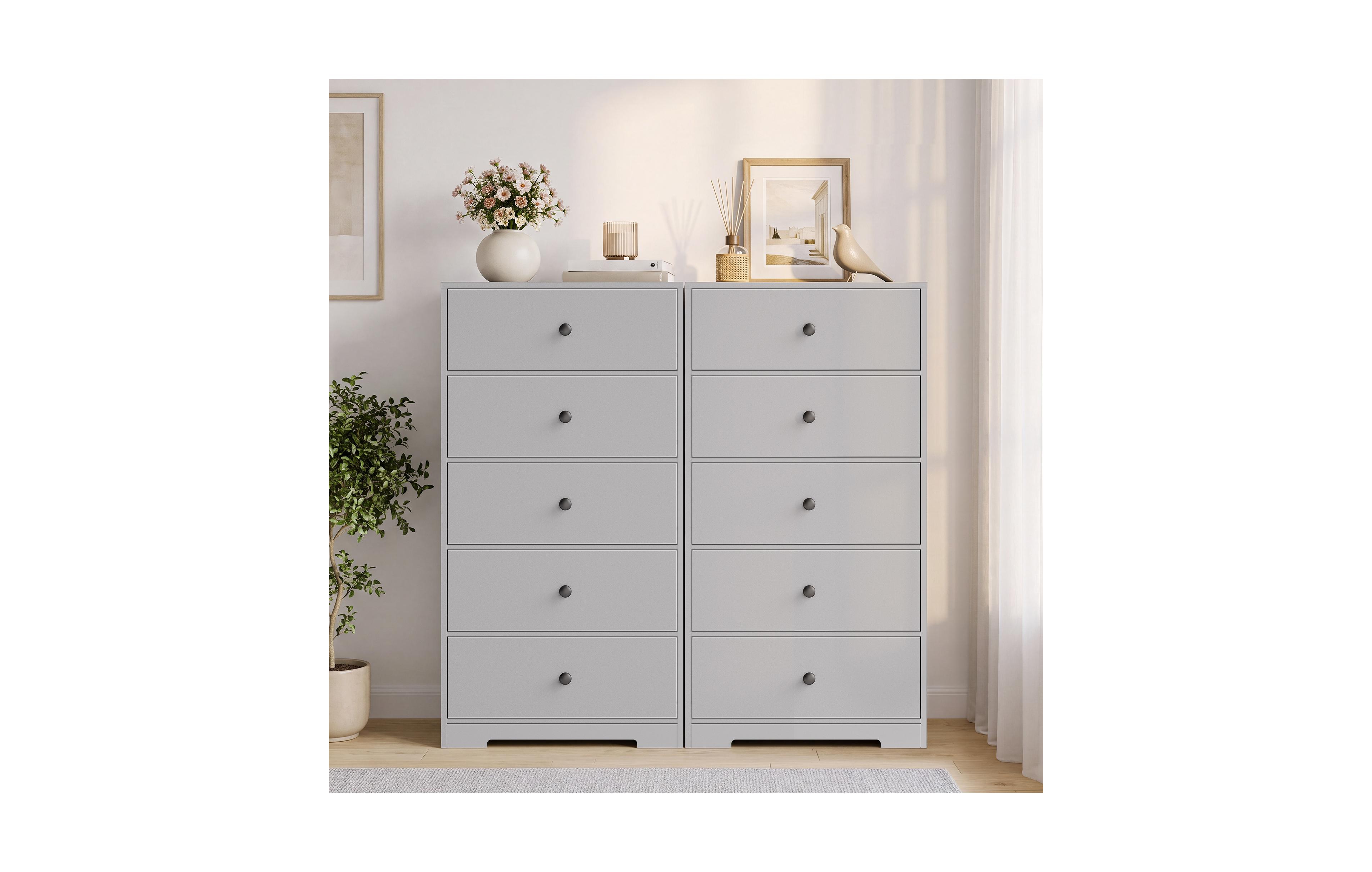 homfan 2 Set of Tall Vertical 5 Drawer Dresser, Chest Of Drawers Round Pull Knob Cabinet Slim Freestanding Organizer Furniture For Bedroom, Entryway