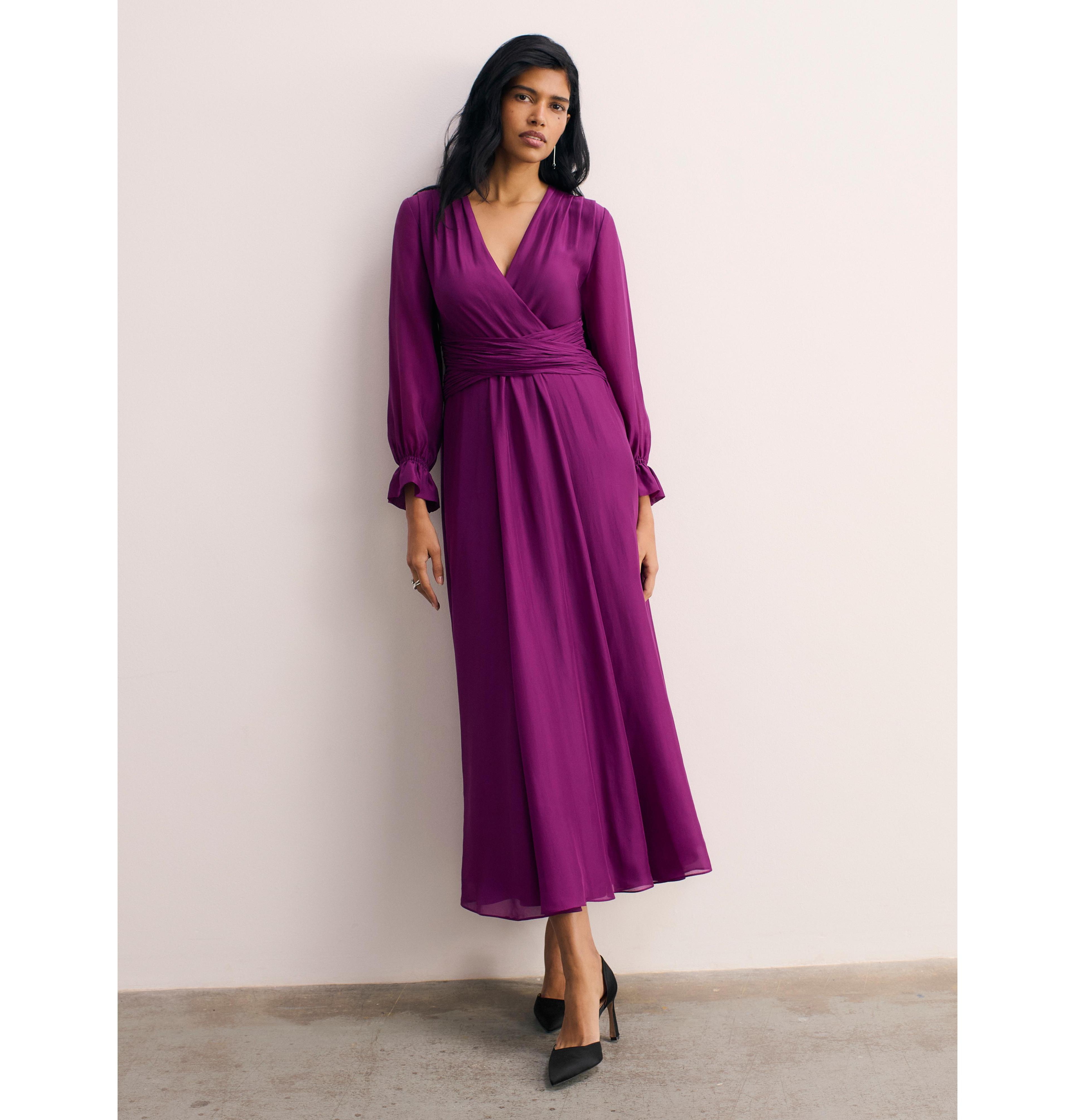 The Fold Women's Sculpted Silk Long-Sleeve V-Neck Ruched-Waist Wrap Midi Dress