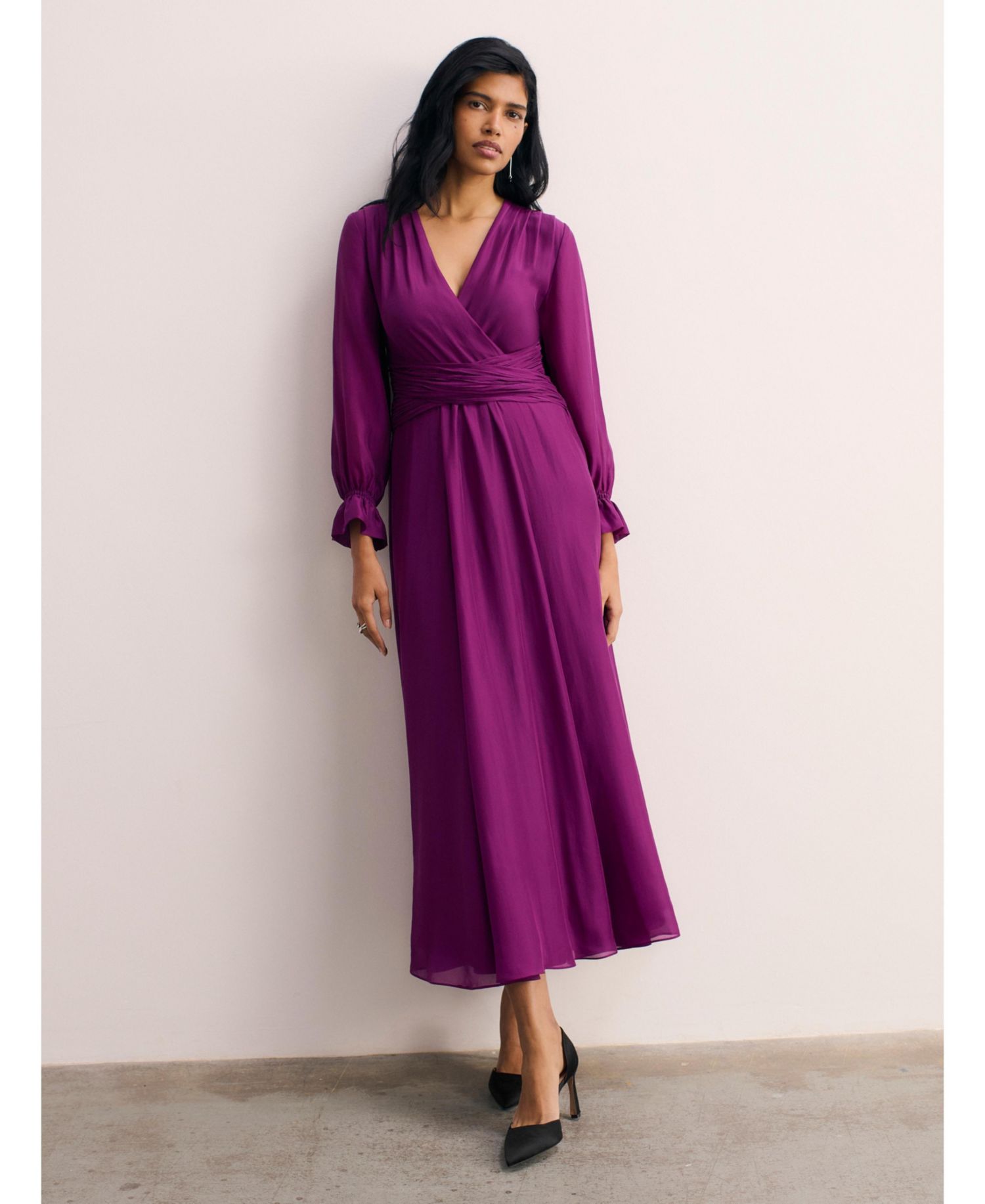 Women's Sculpted Silk Long-Sleeve V-Neck Ruched-Waist Wrap Midi Dress