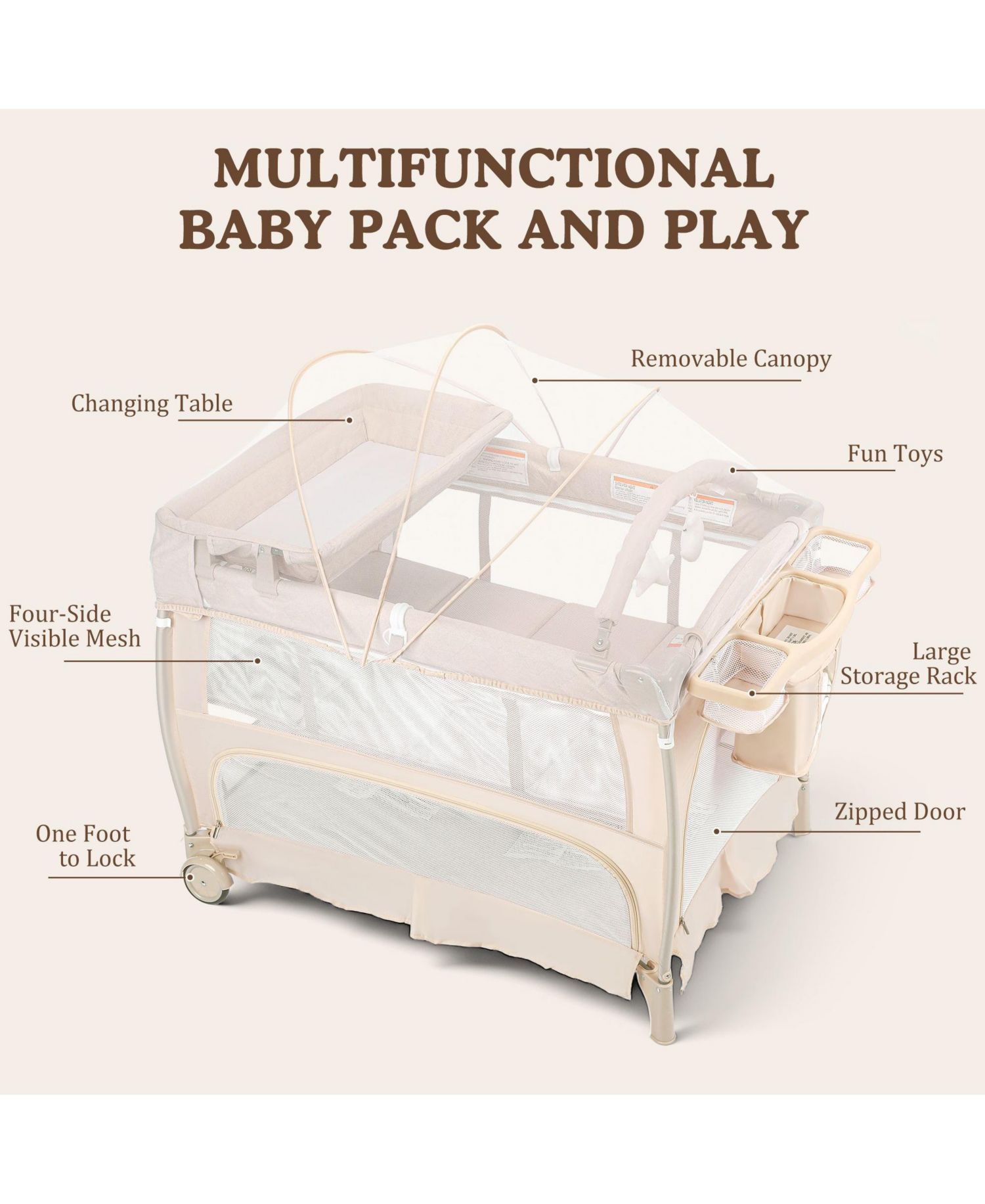 4-in-1 Portable Baby Playard with Bassinet and Mosquito Net, Bedside Sleeper and Changing Table