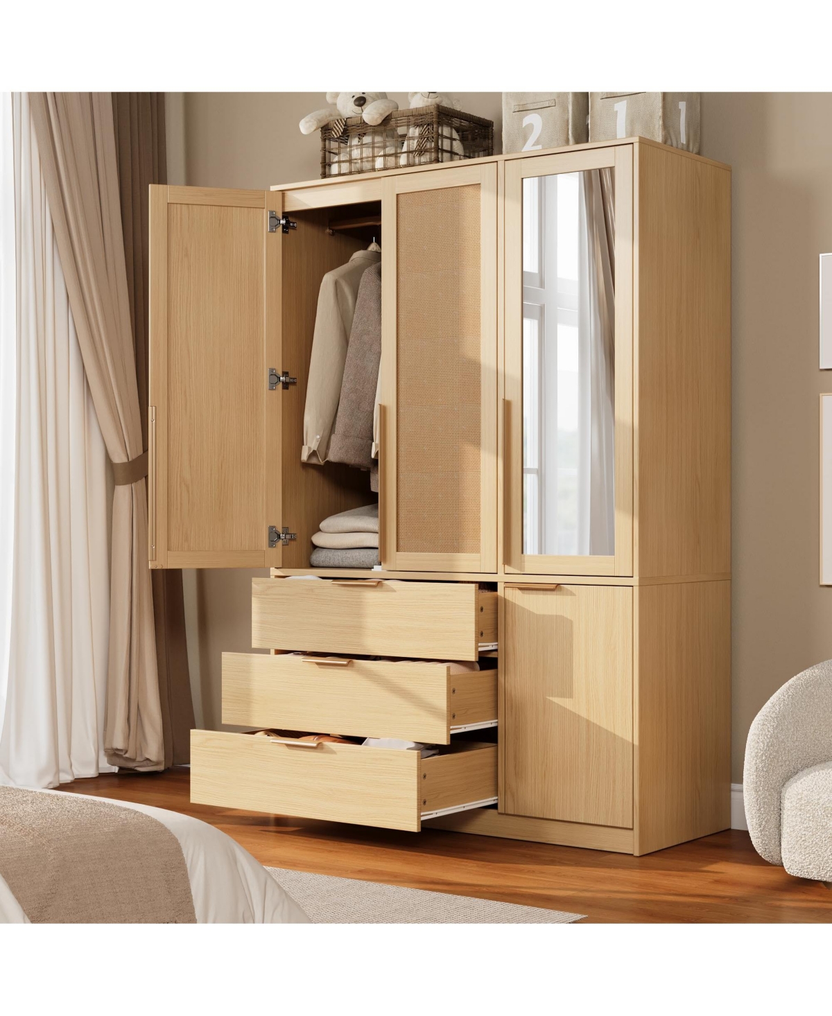 homfan 70 Inch Freestanding Wardrobe Closet With Mirror, Large Bedroom Storage Armoire Featuring 4 Doors, 3 Drawers And Hanging Space, Organizer