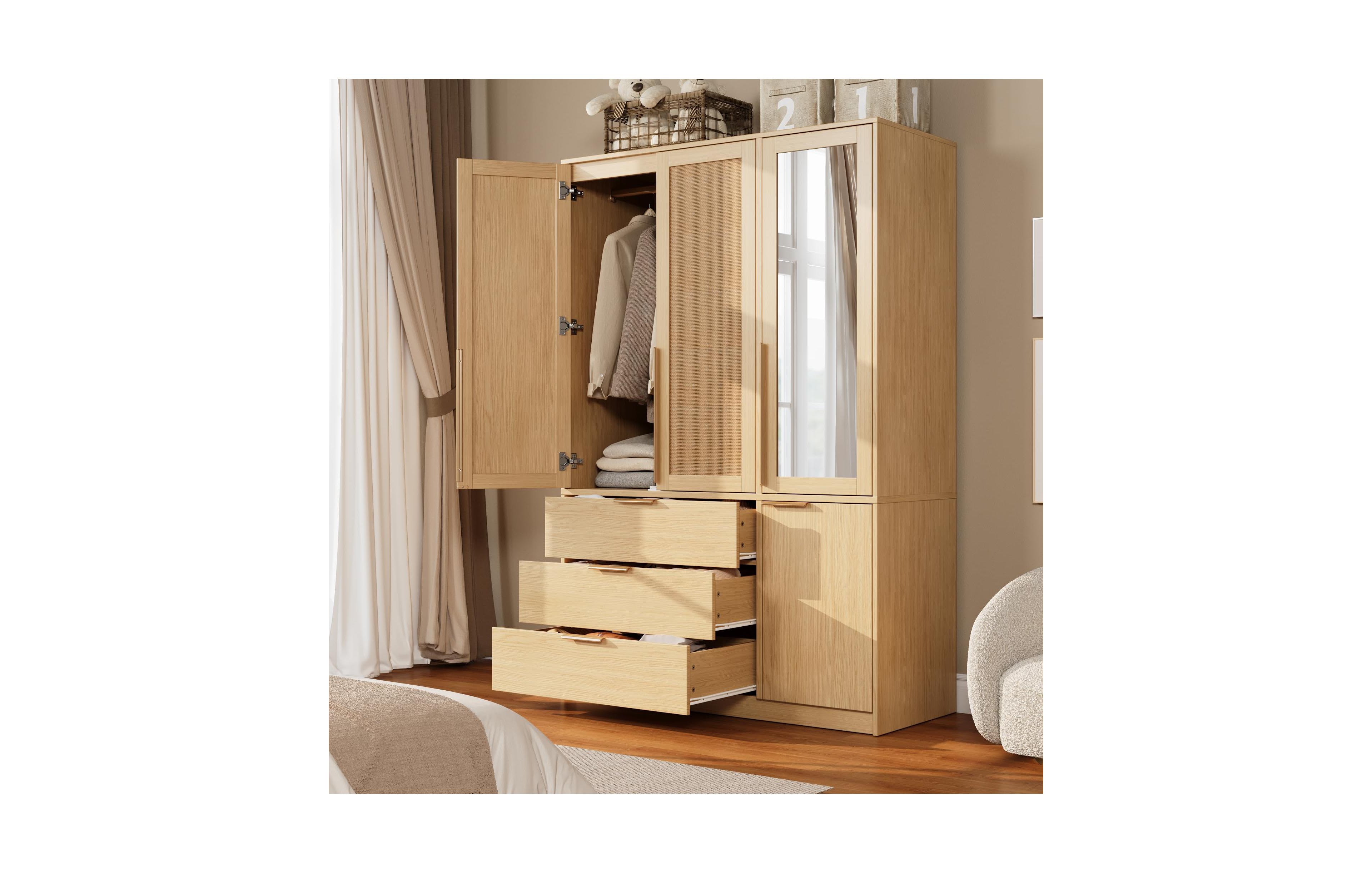 homfan 70 Inch Freestanding Wardrobe Closet With Mirror, Large Bedroom Storage Armoire Featuring 4 Doors, 3 Drawers And Hanging Space, Organizer