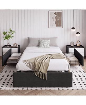 Twin Size Platform Bed Frame with 3 Storage Drawers Upholstered No Headboard Wooden Slats Support No Box Spring Needed Easy Assembly