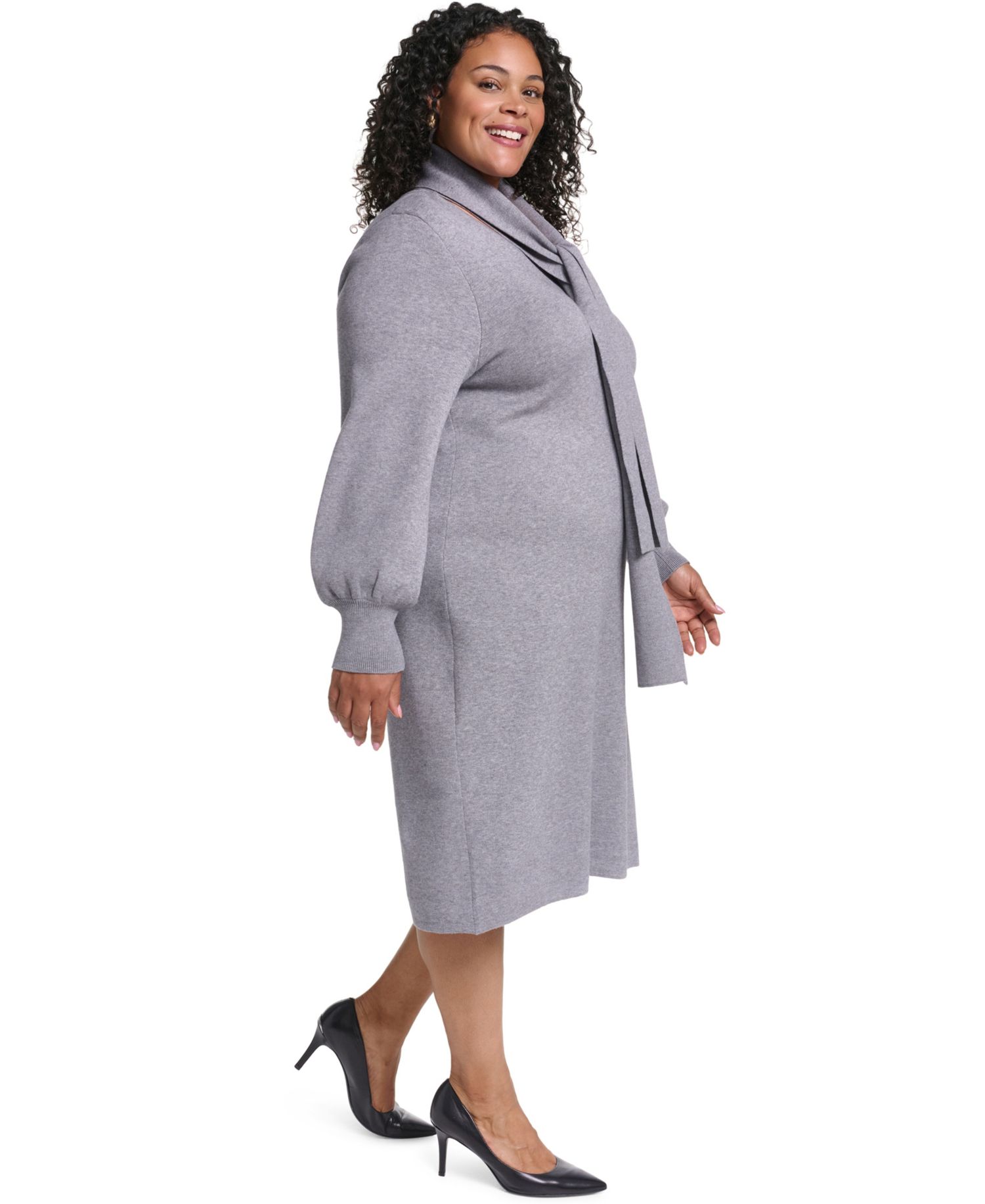 Plus Size V-Neck Long-Sleeve Scarf Midi Dress
