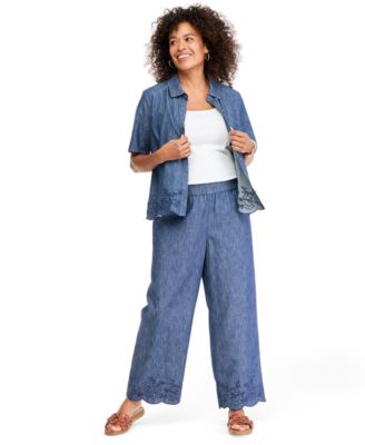 Women's Chambray Embroidery Wide-Leg Ankle Pants