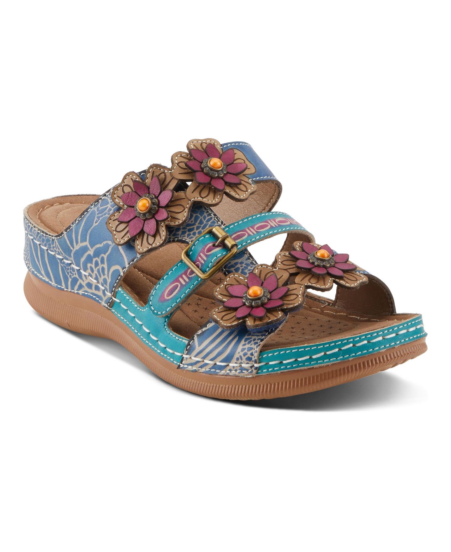 Женские сандалии L'Artiste Brash Hand-Painted Floral Leather Wedge, цвет: Синий разноцветный — фото 1