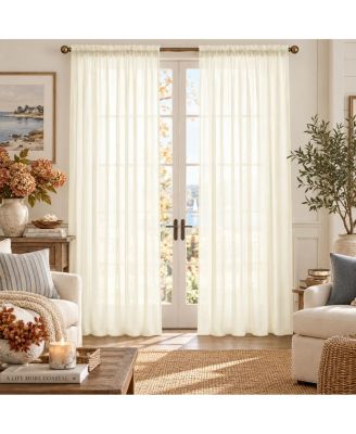 Beige 2 Piece Ultra Lux Rod Pocket Sheer Curtain Panels For Extra Long Windows
