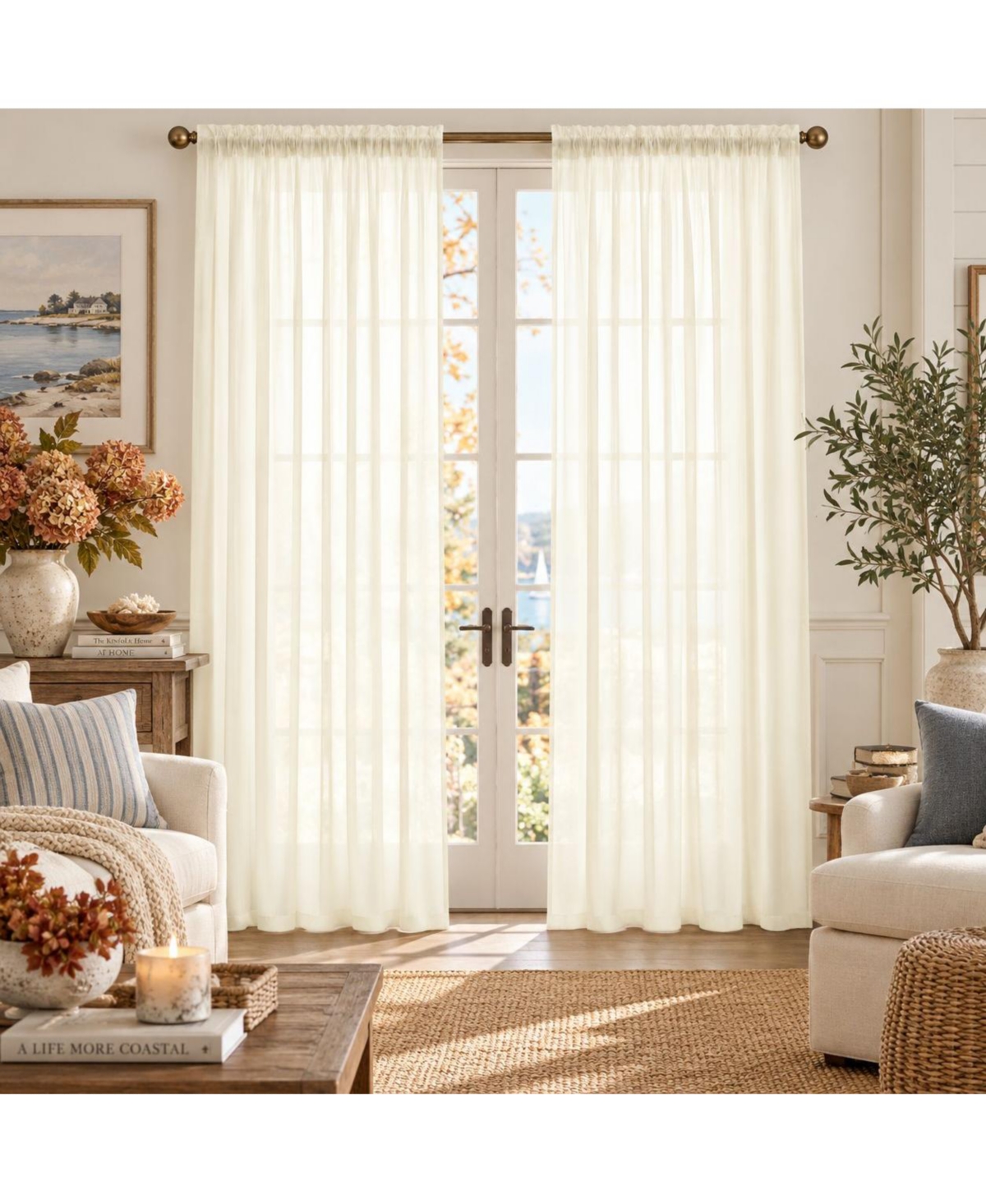 Kate Aurora Beige 2 Piece Ultra Lux Rod Pocket Sheer Curtain Panels For Extra Long Windows